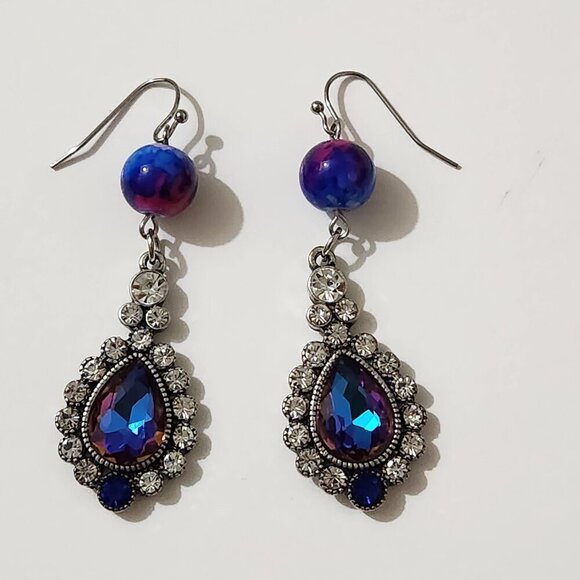 Hand Crafted Dangle Earrings Bead Crystals Rhinestones Charm Pendant Purple Blue - Picture 2 of 4